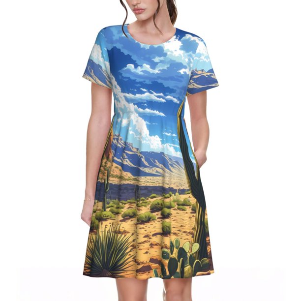 Balery Western Desert Cactus Vestidos sueltos de manga corta para mujer, vestidos de verano 2025, vestidos casuales de corte A con vuelo.