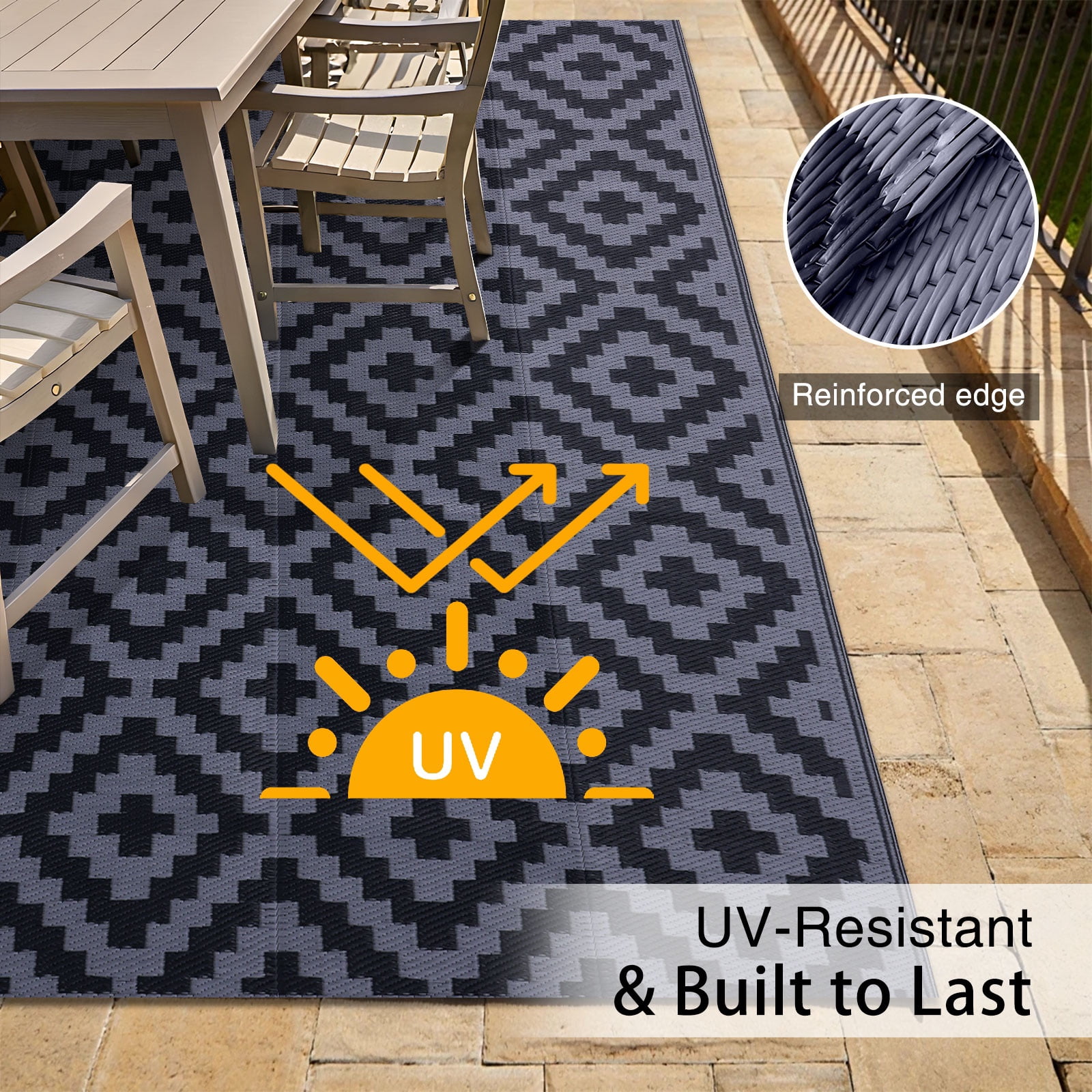 Smiry Outdoor Rug 8x10, Waterproof Reversible Plastic Outdoor Mat, Indoor Outdoor Rugs for Patio, RV, Deck, Porch, Black & Grey