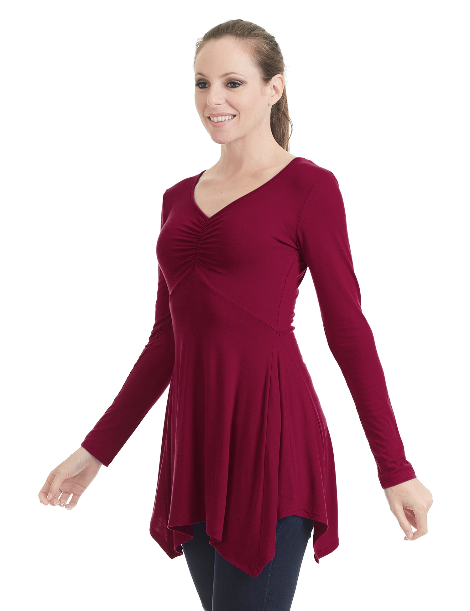 Womens Long Sleeve Ruched Empire Tunic Top With Side Panel XL Wine ...