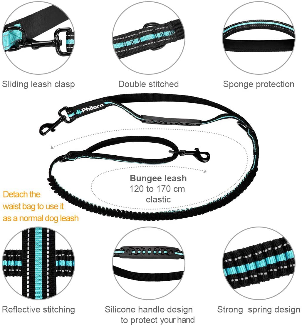 Adjustable Waist Belt 24-47 Shock Absorbing Dual Handle Bungee 47-67 Extendable Reflective Stitching Dog Leash for Running/Jogging Endure 150lbs Philorn Hands Free Dog Lead with Phone Pouch