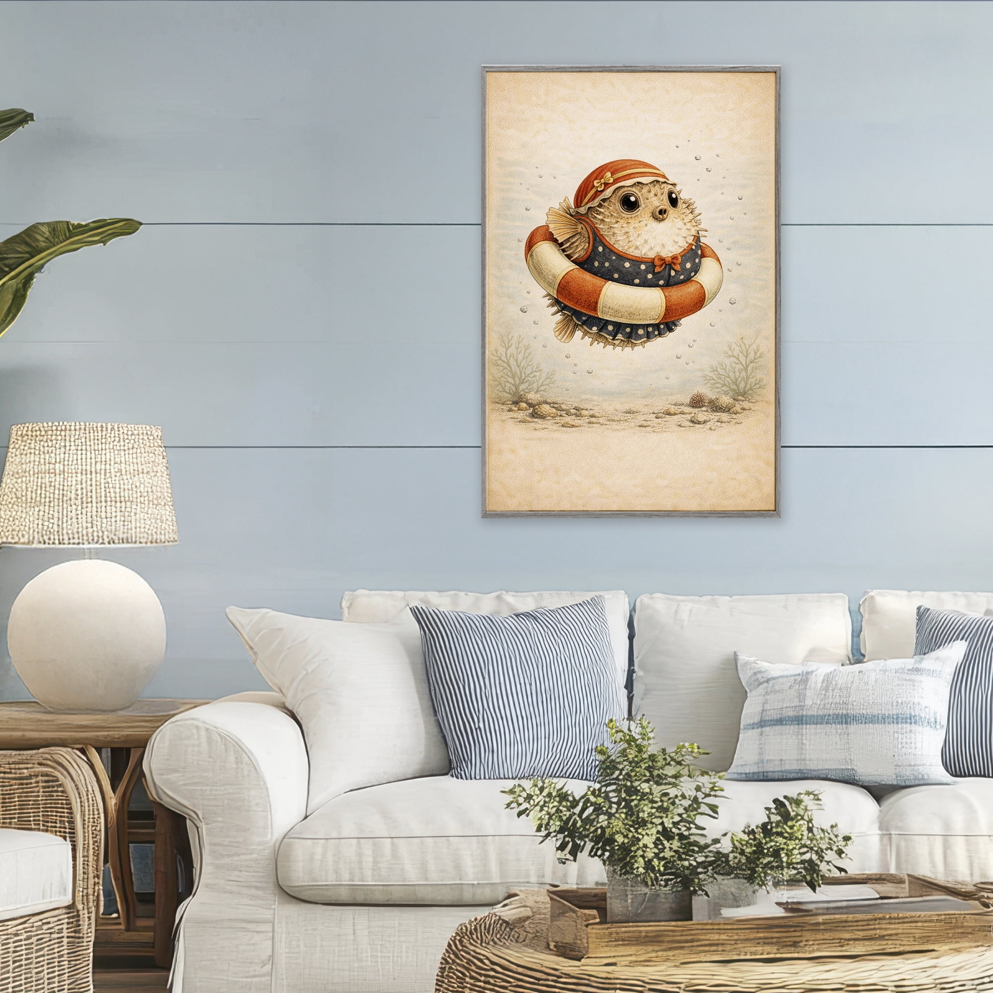 Stupell Industries Pufferfish Of Maritime Bathing Society Gray Framed Giclee Art, design by Grotto Studios