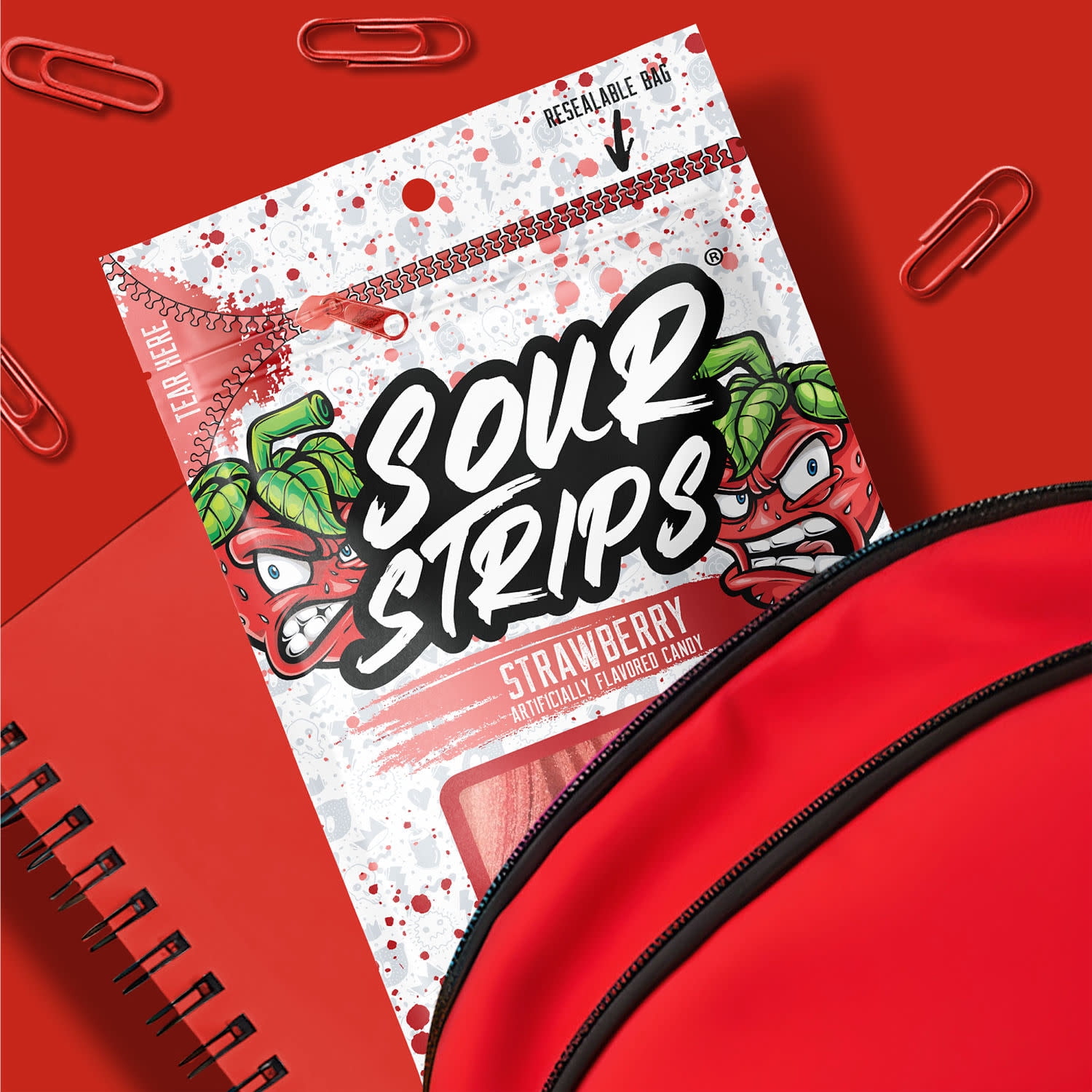(2 pack) Sour Strips Strawberry Flavored Chewy, Candy Bag, 3.4 oz
