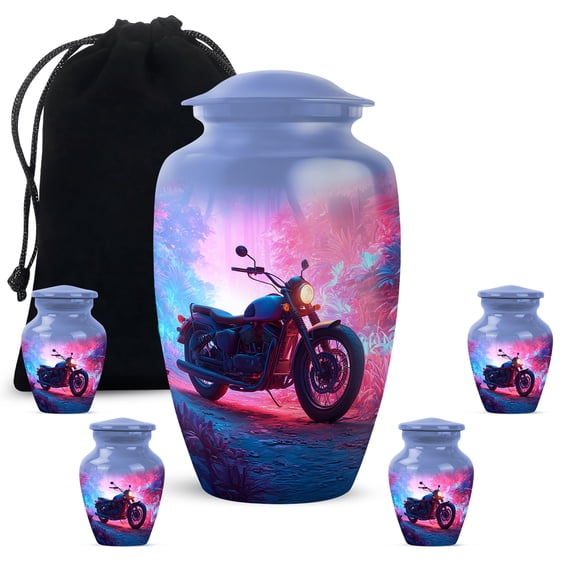 JAGASY Bike Handmade Urns Set of 5, Blue Large Urn for Ashes for Women, Forest Tree Decorative Urns for Human Ashes Keepsake, Pink Small Urn for Mom & Dad, (1 Large, 10"; 4 Small, 3")