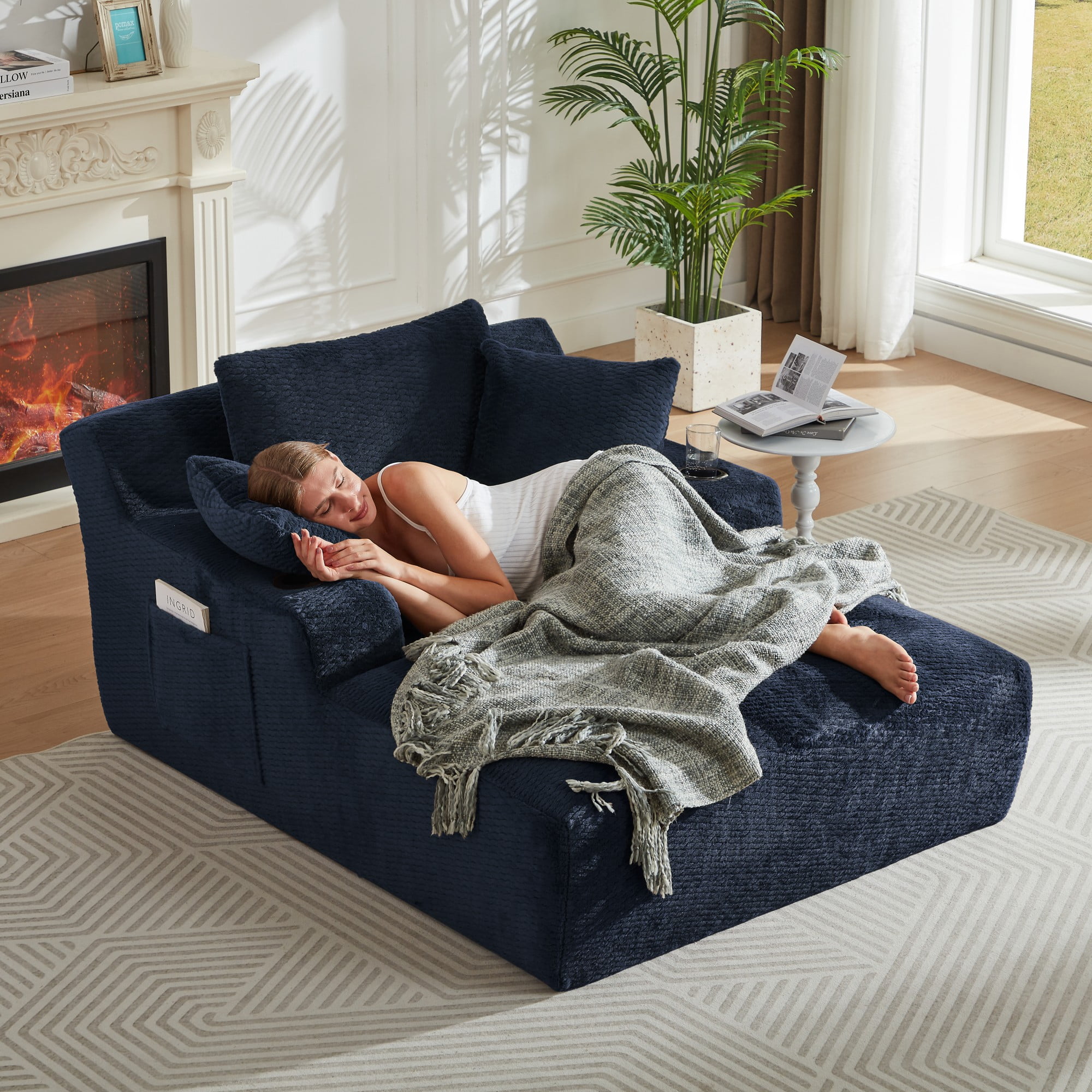 Aukfa Oversized Chaise Lounge Chair Indoor, 66" Boneless Sofa Couch with Cup Holders and 3Pillows for Living Room, Blue