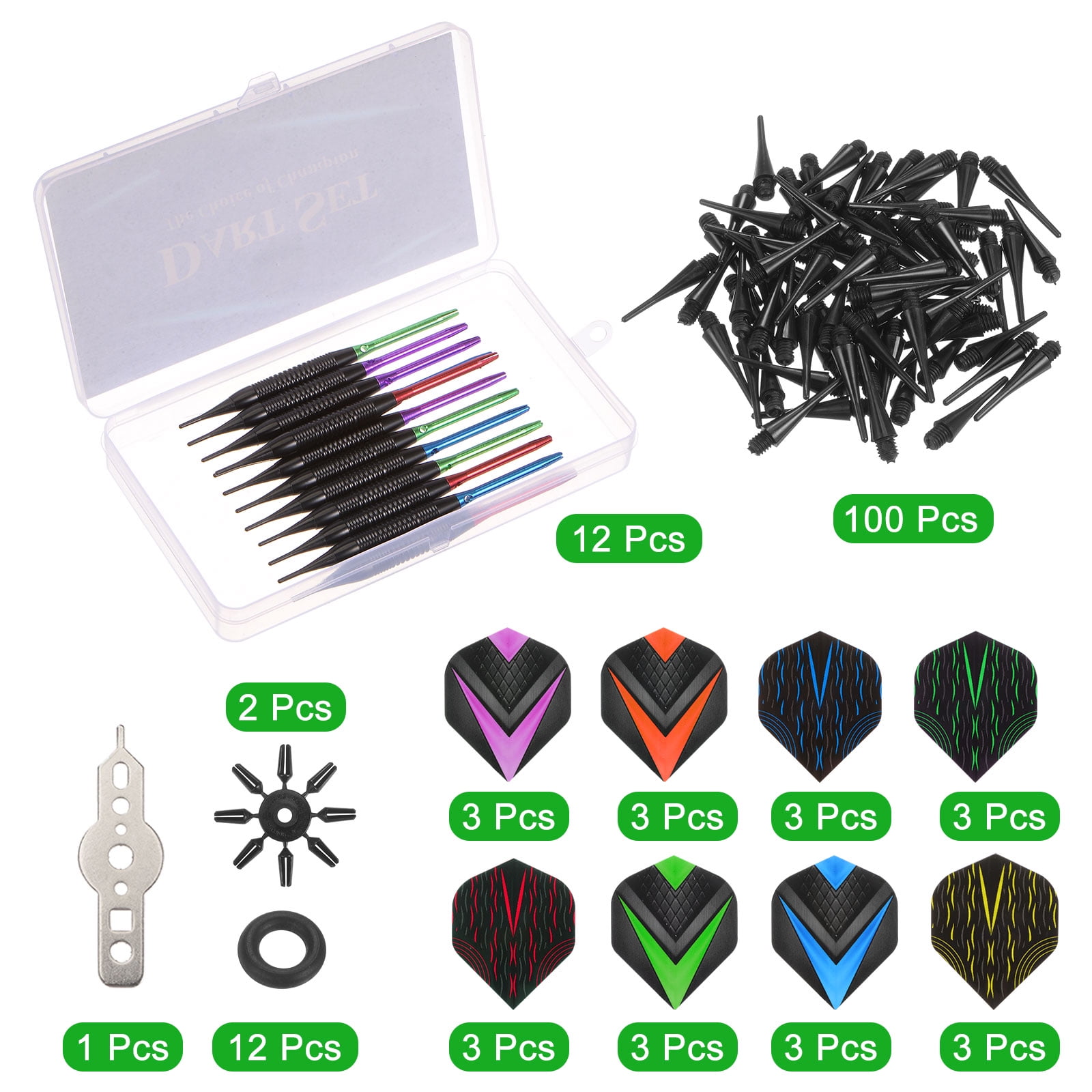 Dart Plastic Tip Set, 12Pcs 18Gram with Soft Dart Tip 100 Extra Tips 24 Flights Wrench Flight Protectors