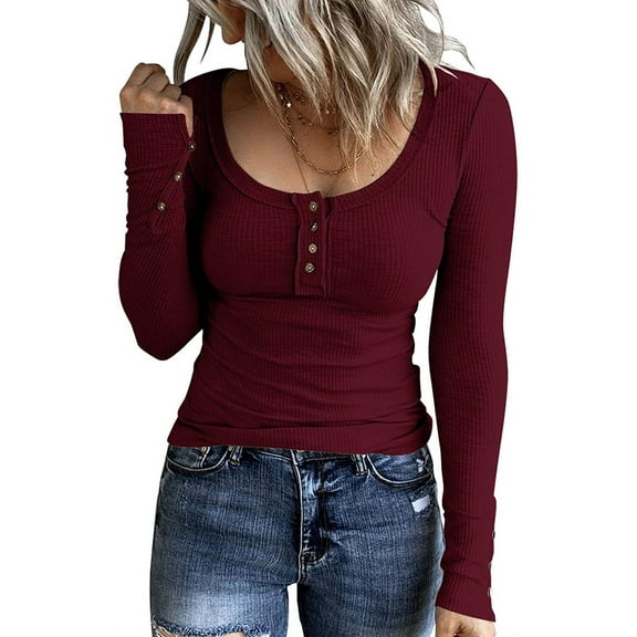 Womens Long Sleeves Ribbed Knit Tunic Shirts Scoop Neck Button Down Tops Casual Henley Tee Shirt Slim Fit Blouses,A1-burgundy,Medium