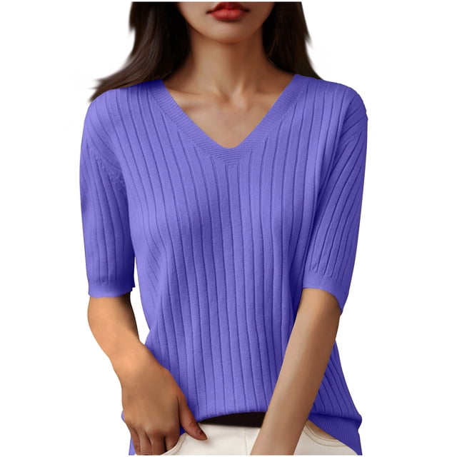 Womens Short Sleeve V Neck T Shirt 2025 Summer Ribbed Knit Slim Fit Basic Solid Color Tee Tops Fashion Clothes