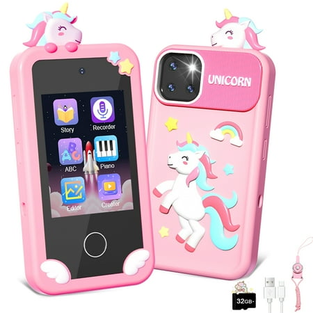 YTKUS Kids Smart Phone for Girl Kids Toys Cell Phone with 2.8" Touchscreen 16 Learning Games Dual Camera Music Player, 32G SD Card Christmas Birthday Gifts,Pink