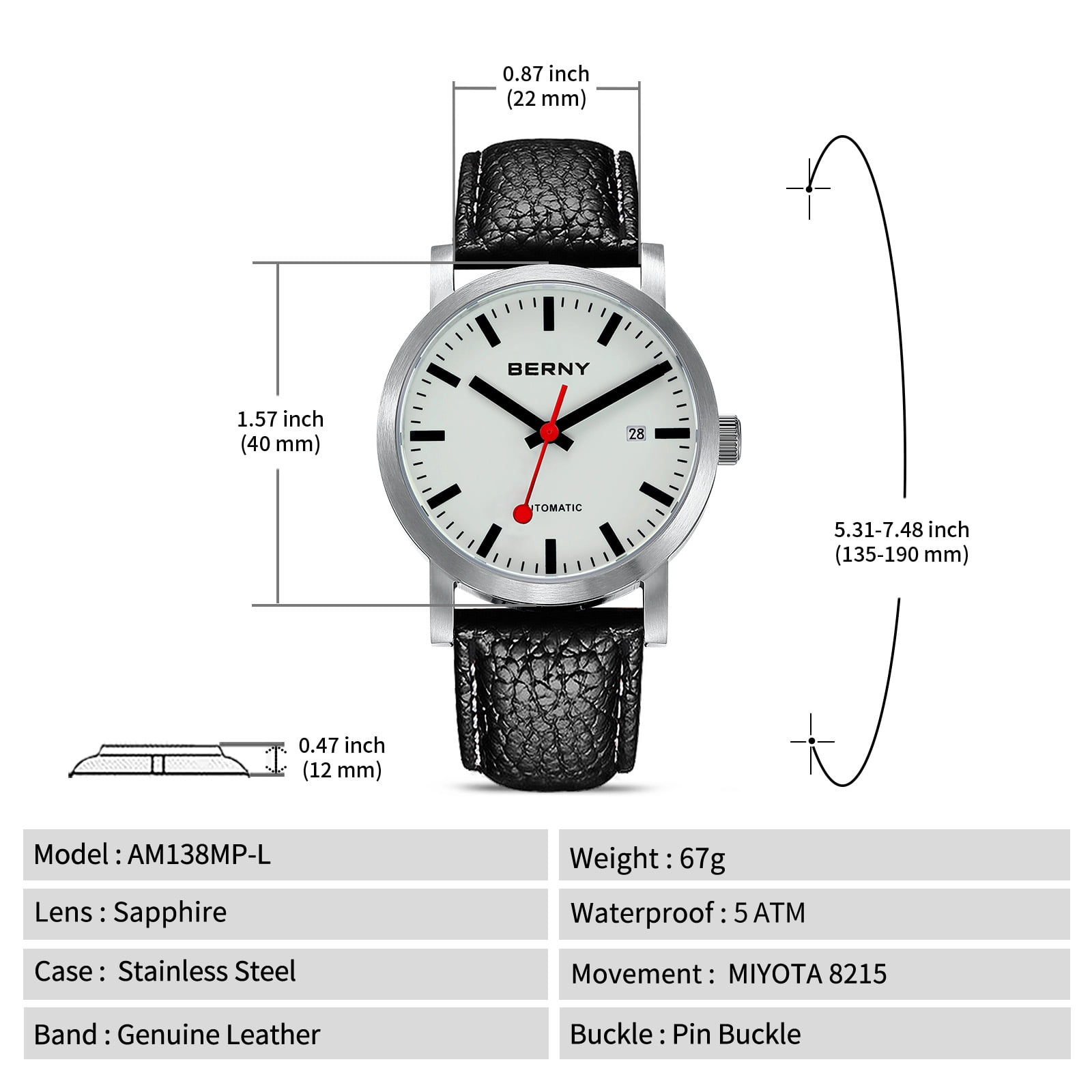 BERNY Automatic Watches for Men, Luxury Self Winding Mechanical Dress Leather Watch with Date, Sapphire Crystal, Luminous, Stainless Steel, 50M Waterproof, Minimalist Mens Watches (White)