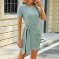 thumbnail image 5 of VSSSJ Women's Bodycon Short Sleeve Mini Dresses Casual Round Neck Solid Color Lace-Up Wrap Dress Above Knee Slim Fit Summer Ruched Knitted T-shirt Dress Green XXL, 5 of 6