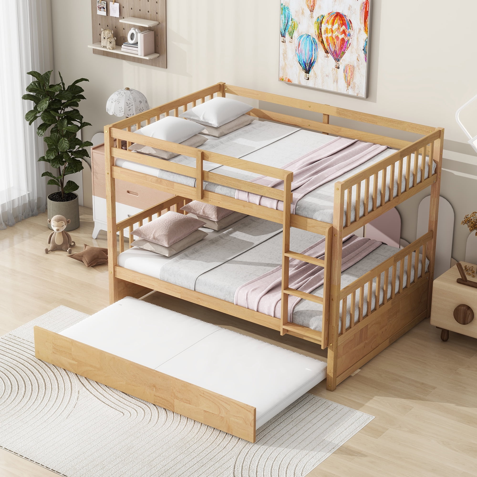 Sailvan Full Over Full Rubber Wood Bunk Bed with Trundle Ladder Guardrails, Convertible to 2 Beds