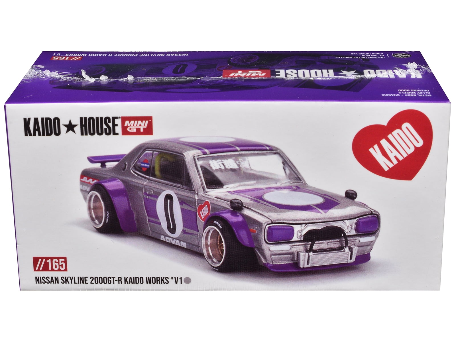 Nissan Skyline 2000GT-R "Kaido Works V1" RHD #0 Silver Metallic with Purple "Kaido House" 1/64 Diecast Model Car by Mini GT