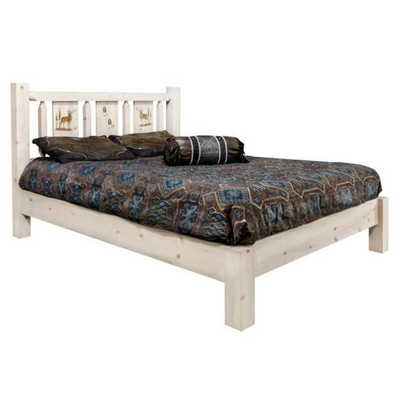 Homestead Collection Twin Platform Bed w/ Laser Engraved Elk Design, Clear Lacquer Finish