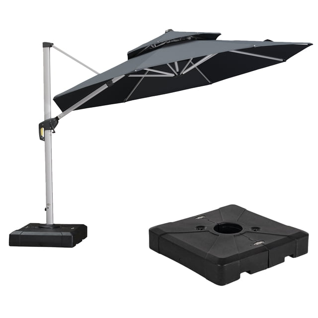 PURPLE LEAF Parasol de Patio Rond de Luxe 11 Pi avec Base, Grand Parasol Déporté à Mât Décentré avec Rotation à 360°, Gris