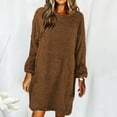 thumbnail image 2 of Arlun Fall Winter Fuzzy Sweater Mini Dress Womens Long Sleeve Crew Neck Loose Comfort Knee Length Dresses Solid Color Simple Stylish Pullover Outfits Brown XXL, 2 of 5