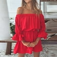 thumbnail image 2 of 2025 Clearance! asdoklhq Juniors Plus Dresses & Rompers,Stylish Women's Summer Casual Off Shoulder Bell Sleeve Solid and Printed Dresses, 2 of 5