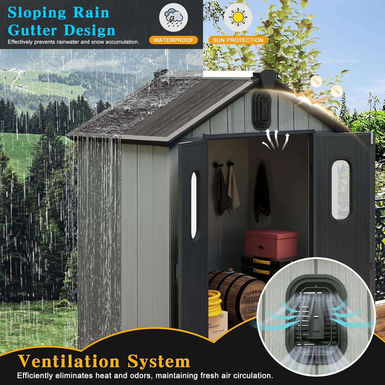 Domi Outdoor Living 5x3 FT Outdoor Resin Storage Shed,Waterproof Plastic Garden Shed with Lockable Doors, Windows & Vents,Large Outdoor Tool Shed for Patio, Lawn Mower, Bikes & Garden