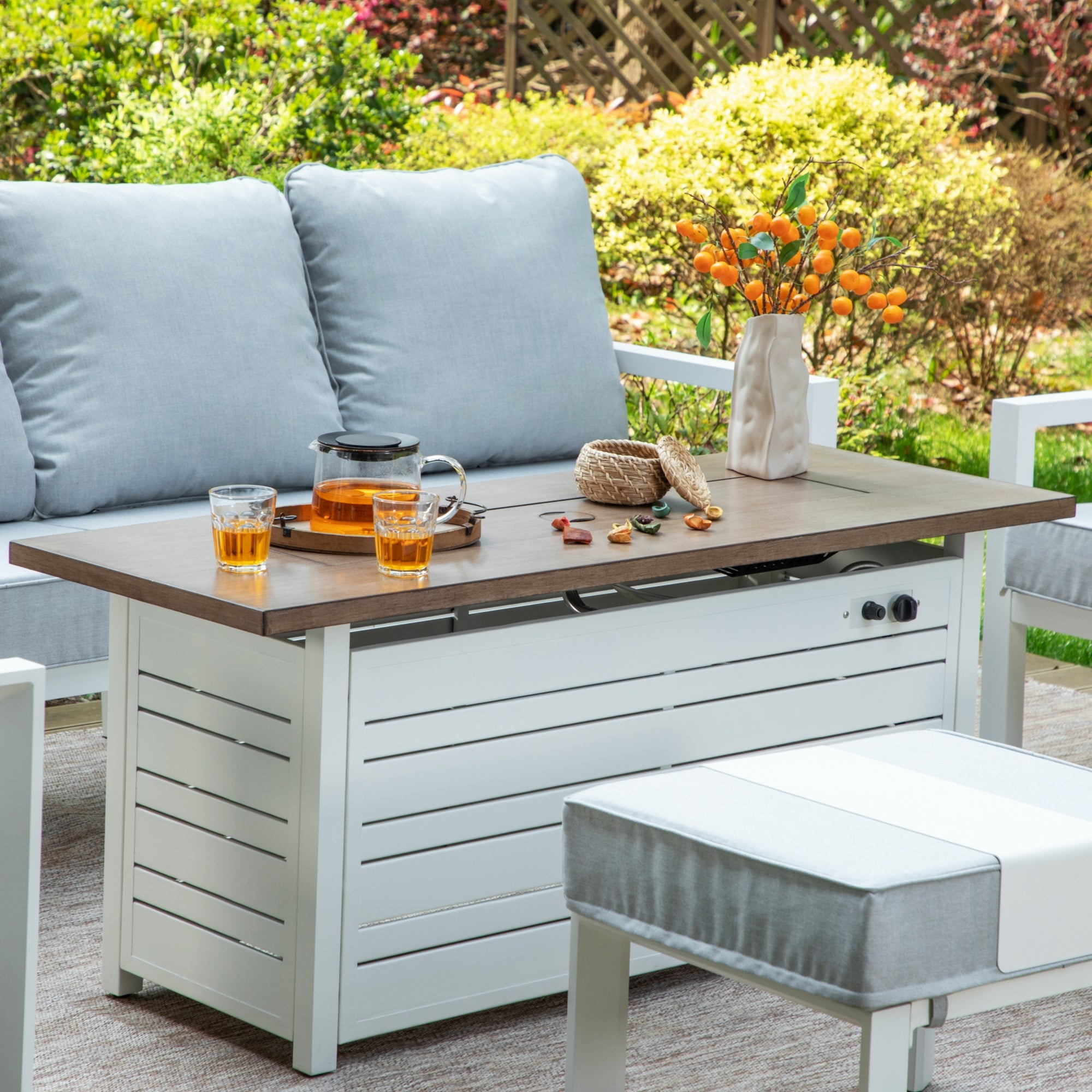 SUMMIT LIVING 56" Rectangular Propane Fire Pit Table, 50,000 BTU Gas Fire Pit with Lid and Blue Fire Glass, White