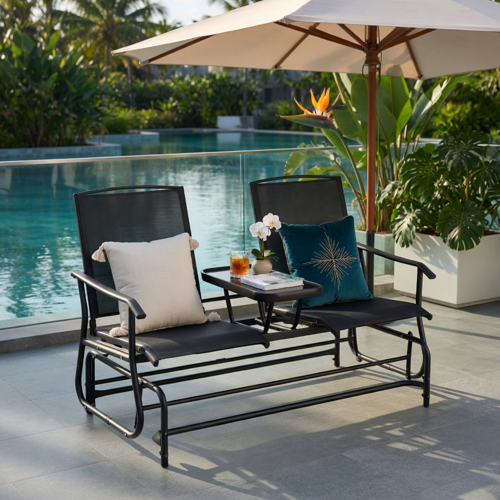 Hommoo 2-Person Outdoor Rocking Loveseat with Tempered Glass Center Table, Steel Frame Patio Seating, Black