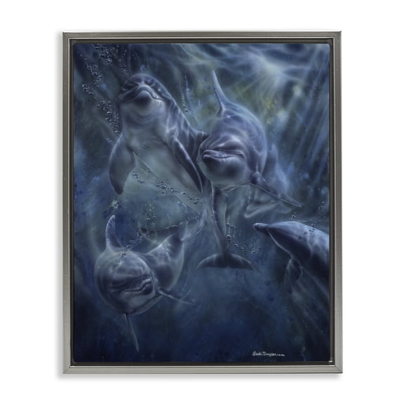 Stupell Industries Traditional Aquatic Dolphins Underwater Gray Floating Frame Canvas Art, 17 x 21, by Linda Thompson