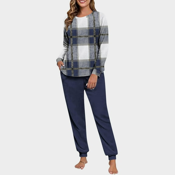 NTACZA Long Sleeve Womens Pjs Set Thermal Fleece Sleepwear Set Tops Joggers Raglan Plaid Lounge Sets for Women L