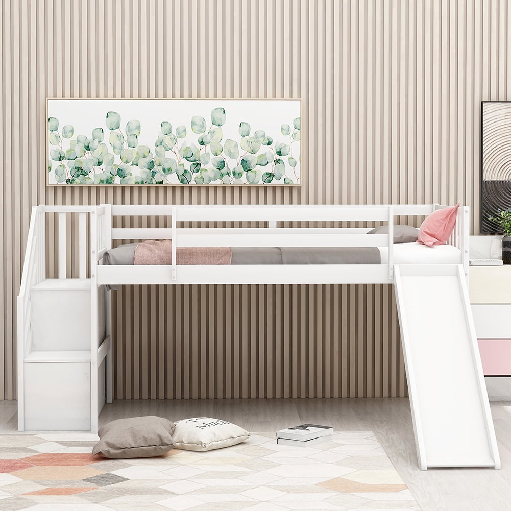 Kadyn Twin Mood Loft Bed with Adjustable Slide, Multifunctional Design, White
