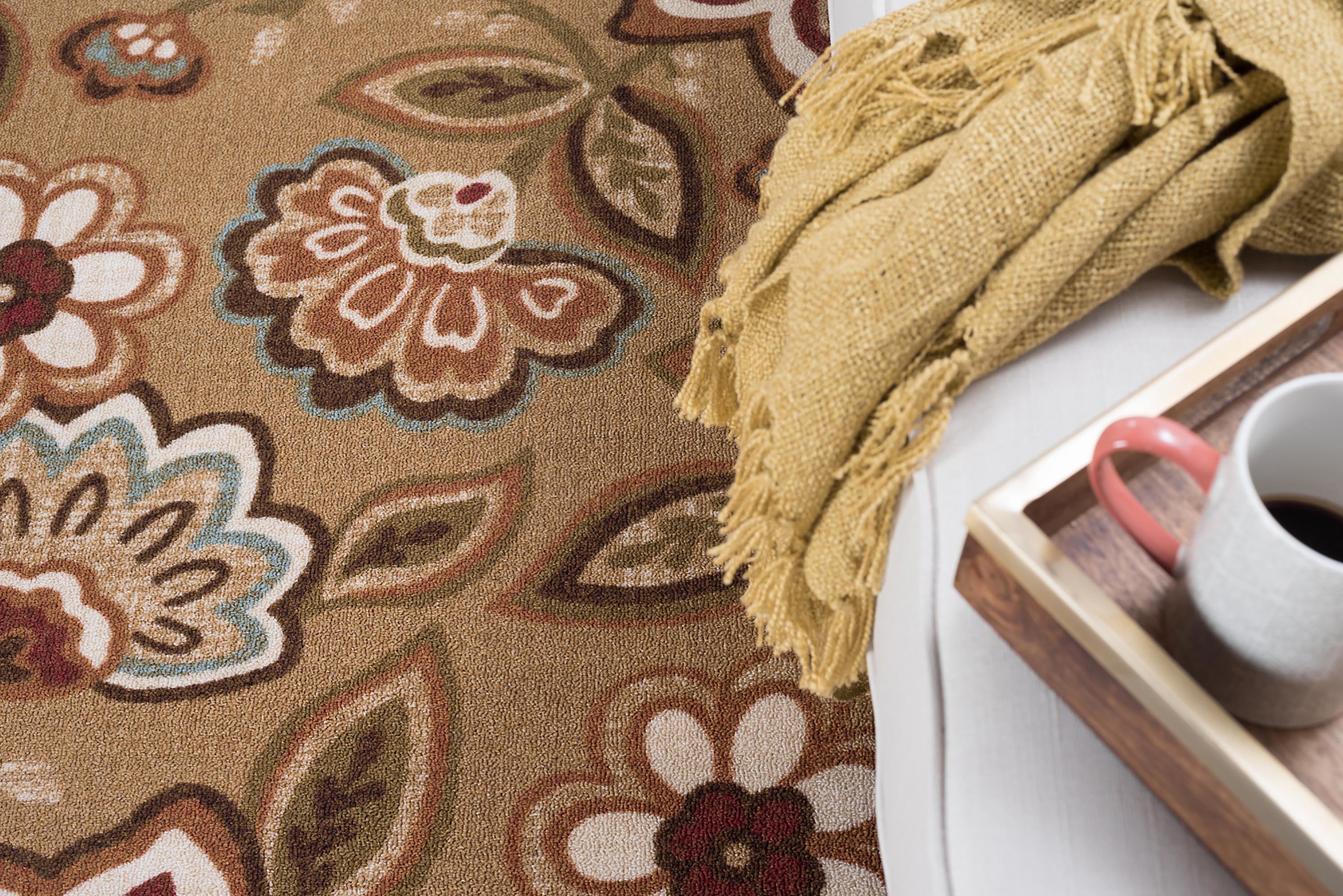 Transitional 5x7 Area Rug (5' x 7') Floral Beige, Brown Living Room Easy to Clean