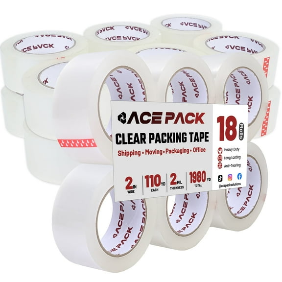 Ace Pack 2" Wide x 110 Yards Per Roll, 2.0 Mil Thick Heavy Duty Clear Packing Tape Sealing Tape Shipping Tape 18 Rolls