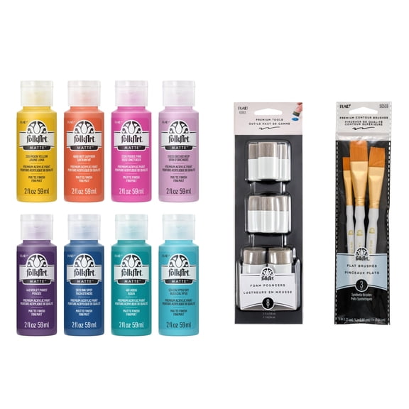 FolkArt Mindful Matte Acrylic Craft Paint Kit, Energetic Colors, 19 Piece Set with 8 Paints, 8 Pouncers, and 3 Premium Paintbrushes