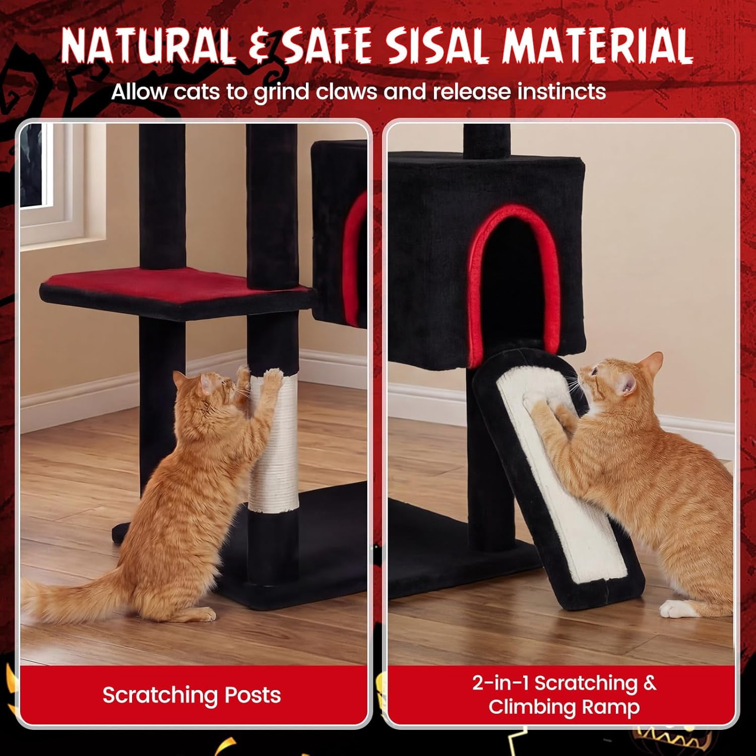 YounGG Gothic Cat Tree, 75" Tall Halloween Cat Tower with Sisal Scratching Posts & Ramp, 2 Condos, Top Perch, Bat Hanging Toys, Basket, Heavy Duty Black Goth Cat Tree for Indoor Large Cats 20+ LBS