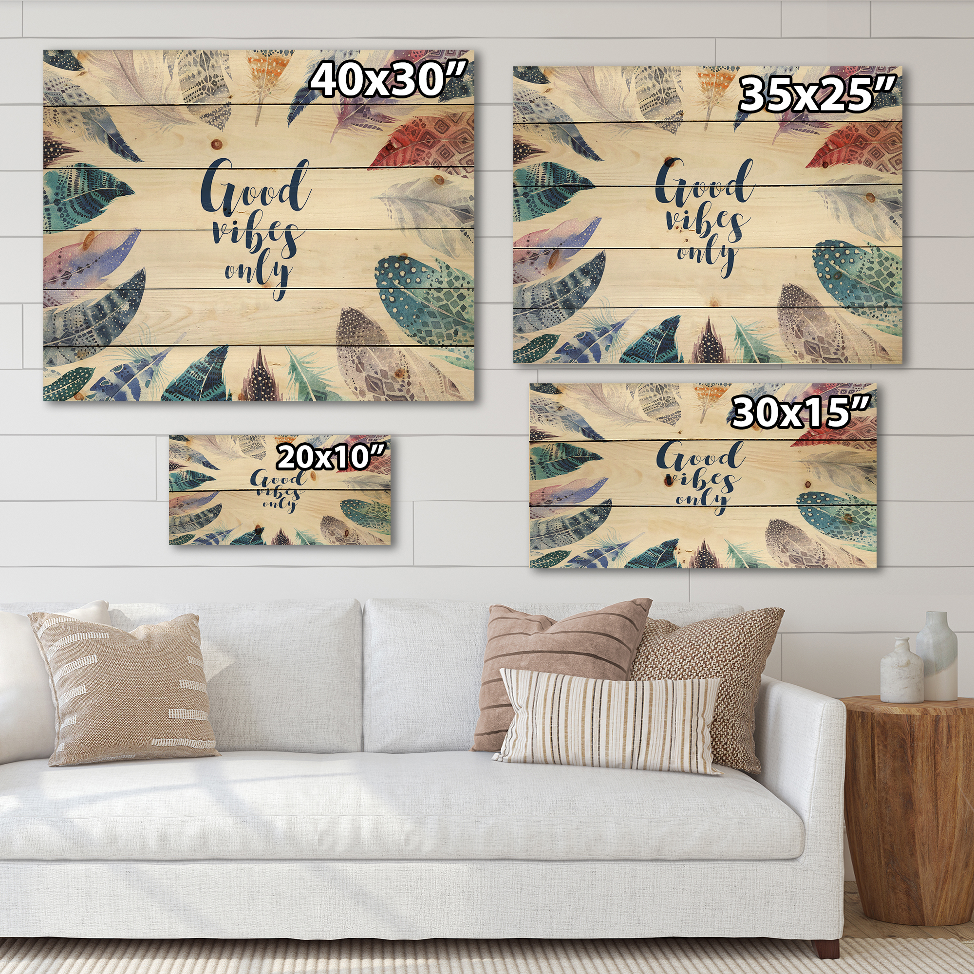 Designart 'Good VIbes Only Under Vibrant Blue Feathers' Bohemian & Eclectic Print on Natural Pine Wood