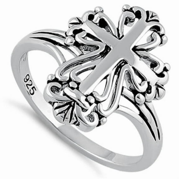 Gothic Cross Ring for Women Vintage Floral Design in 925 Sterling Silver
