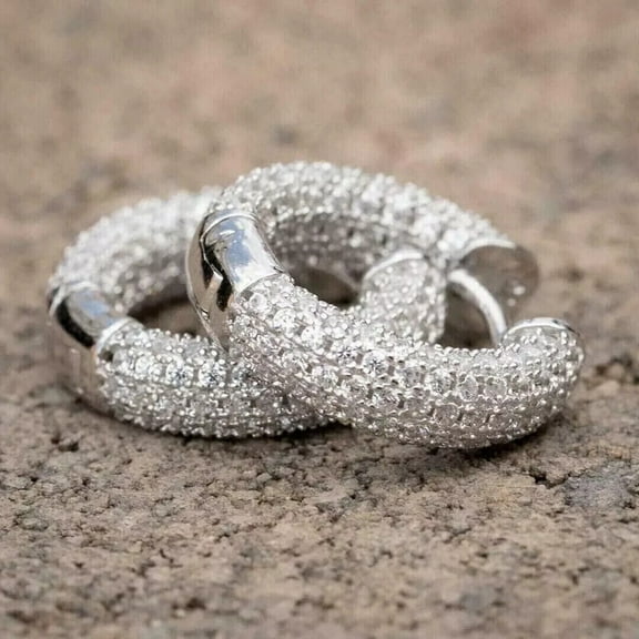 Men's Charm Hoop Huggie Earrings 2.00 Ct Round Cut Real Moissanite 14k White Gold Finish 925 Silver