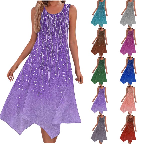 Summer Sun Dresses for Womens 2026 Plus Size Fashion Beach Printing Pockets Tank Round-Neck Sleeveless Tank Dresses