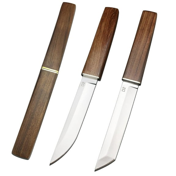 2 Pcs D2 Steel Blade Samurai Sword, Wooden Handle, Multifunctional Fruit Knife, Small Chef Knife,  Camping Sharp Fixed Knife