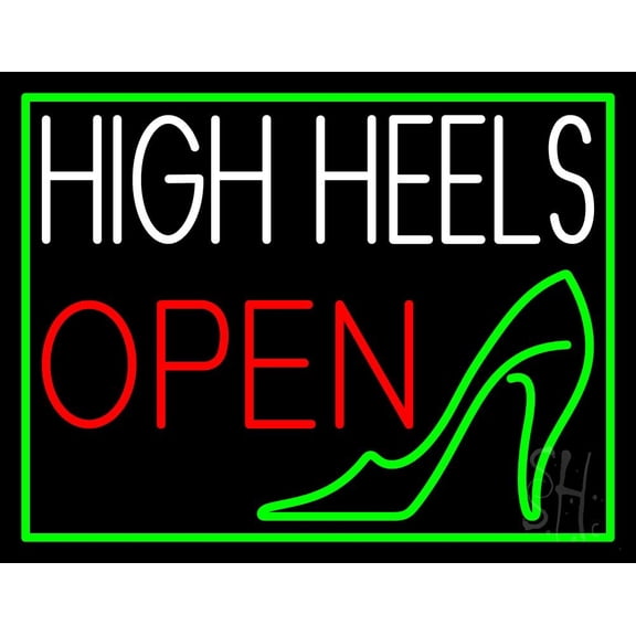 White High Heel Open LED Neon Sign 24 x 31 - inches, Black Square Cut Acrylic Backing, with Dimmer - Bright and Premium built indoor LED Neon Sign for store interior Décor, Storefront.