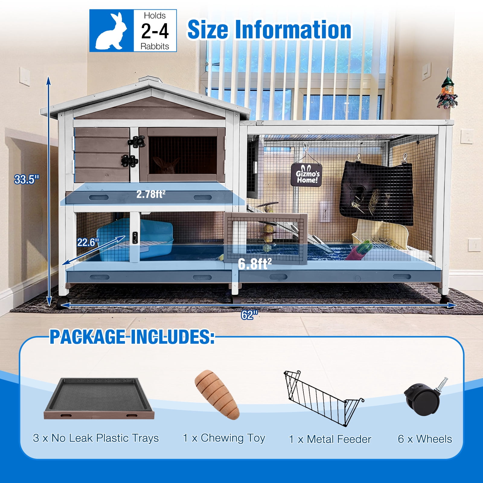 Suumerpety Rabbit Hutch on Wheels Indoor Rabbit Cage Outdoor Bunny Hutch with 3 Plastic Trays & Anti-Chew Ramp Metal Frame Guinea Pig Cage Brown