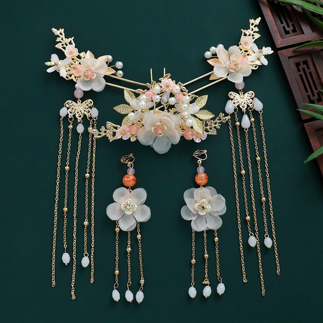 Horquilla de estilo antiguo para niña, horquilla Hanfu, pinza para la oreja, tocado con borlas de flores de peonía, peine para el cabello, accesorio para el cabello de disfraz antiguo para niña