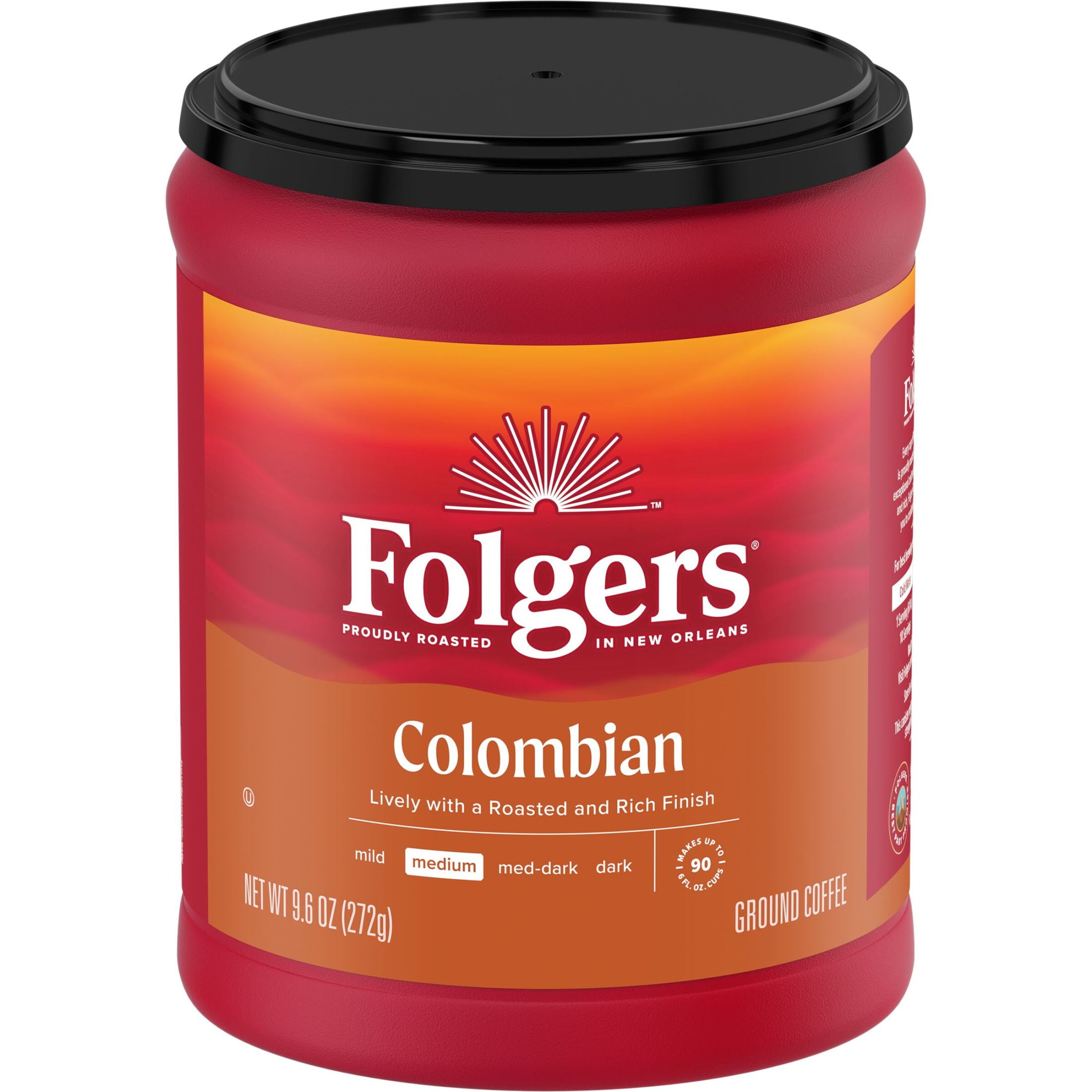 (6 pack) Folgers Colombian Ground Coffee, Medium Roast, 9.6 oz Canister