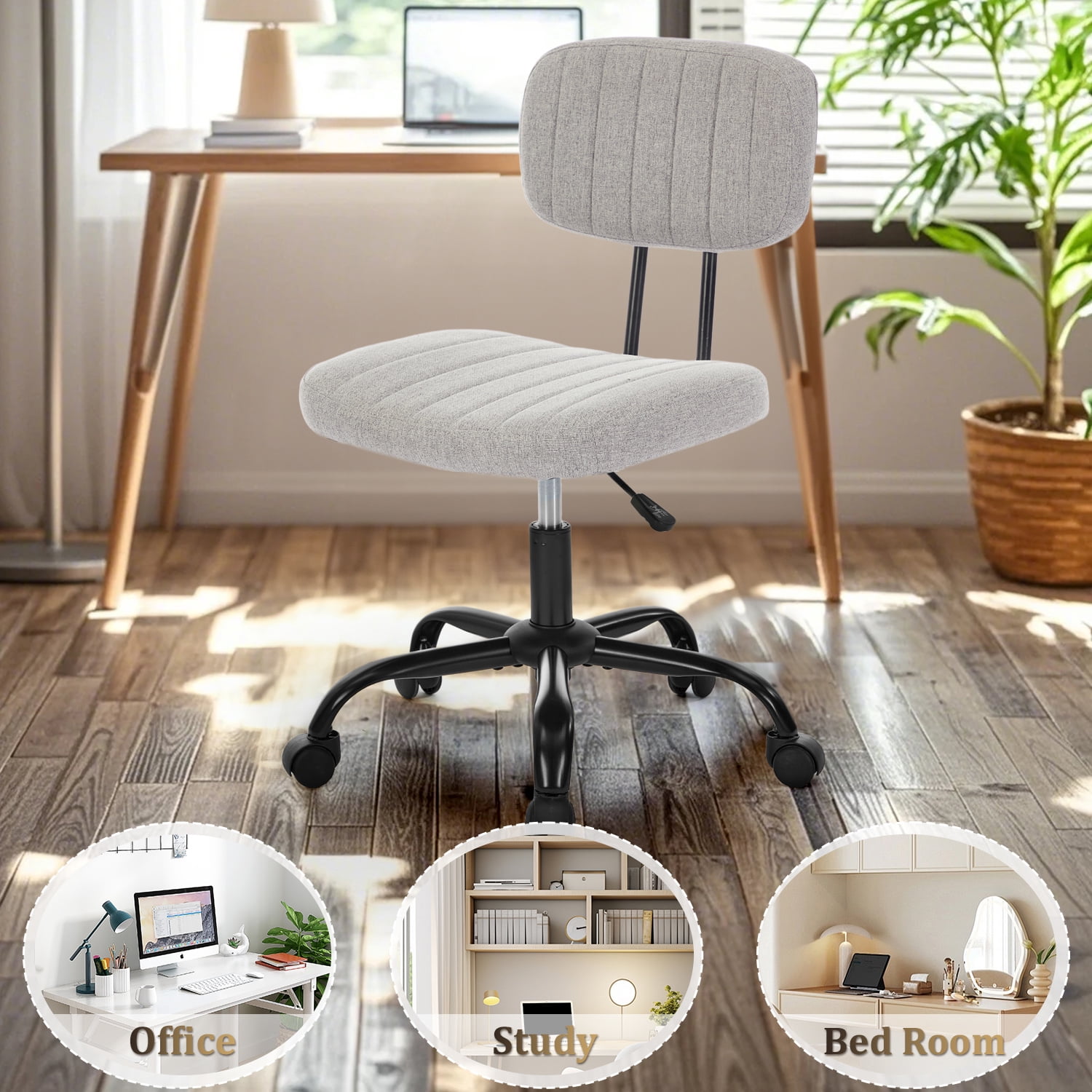 Armless Home Office Desk Chair w/ Ergonomic Low Back Lumbar Support, Height Adjustable 360° Swivel Task Chair for Small Space, Living Room, Linen Gray