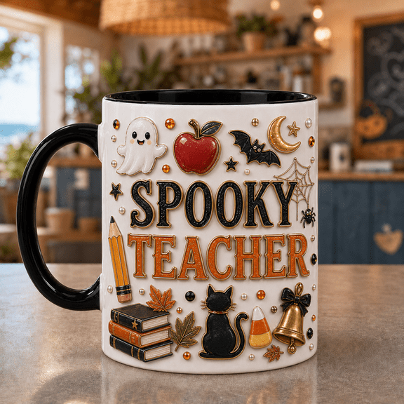Spooky Teacher Mug Cute Ghost Apple Coffee Cup for Halloween Classroom Gifts
