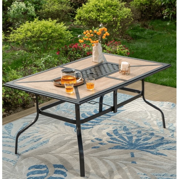 SUMMIT LIVING Rectangle Outdoor Patio Dining Table with Faux Wood Top & Umbrella Hole for 6-Person, Black
