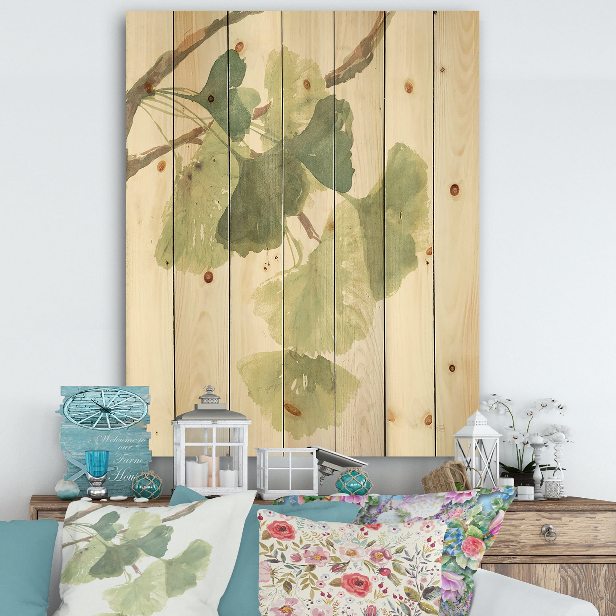 Designart 'Gingko Watercolor Leaves I' Cabin & Lodge Print on Natural Pine Wood