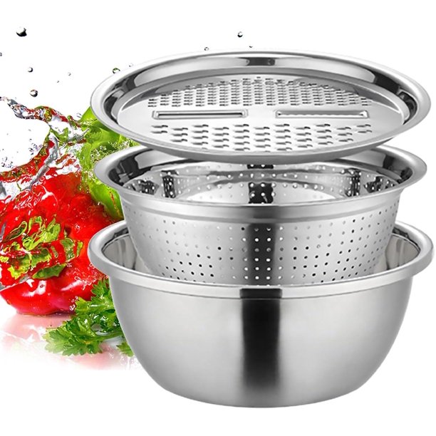 Rallador de lavabo de acero inoxidable con canasta de drenaje Colador multiusos Cortador Rebanador Triturador con tapa Rallador de jengibre Rebanador de verduras Ensaladera Cuenco