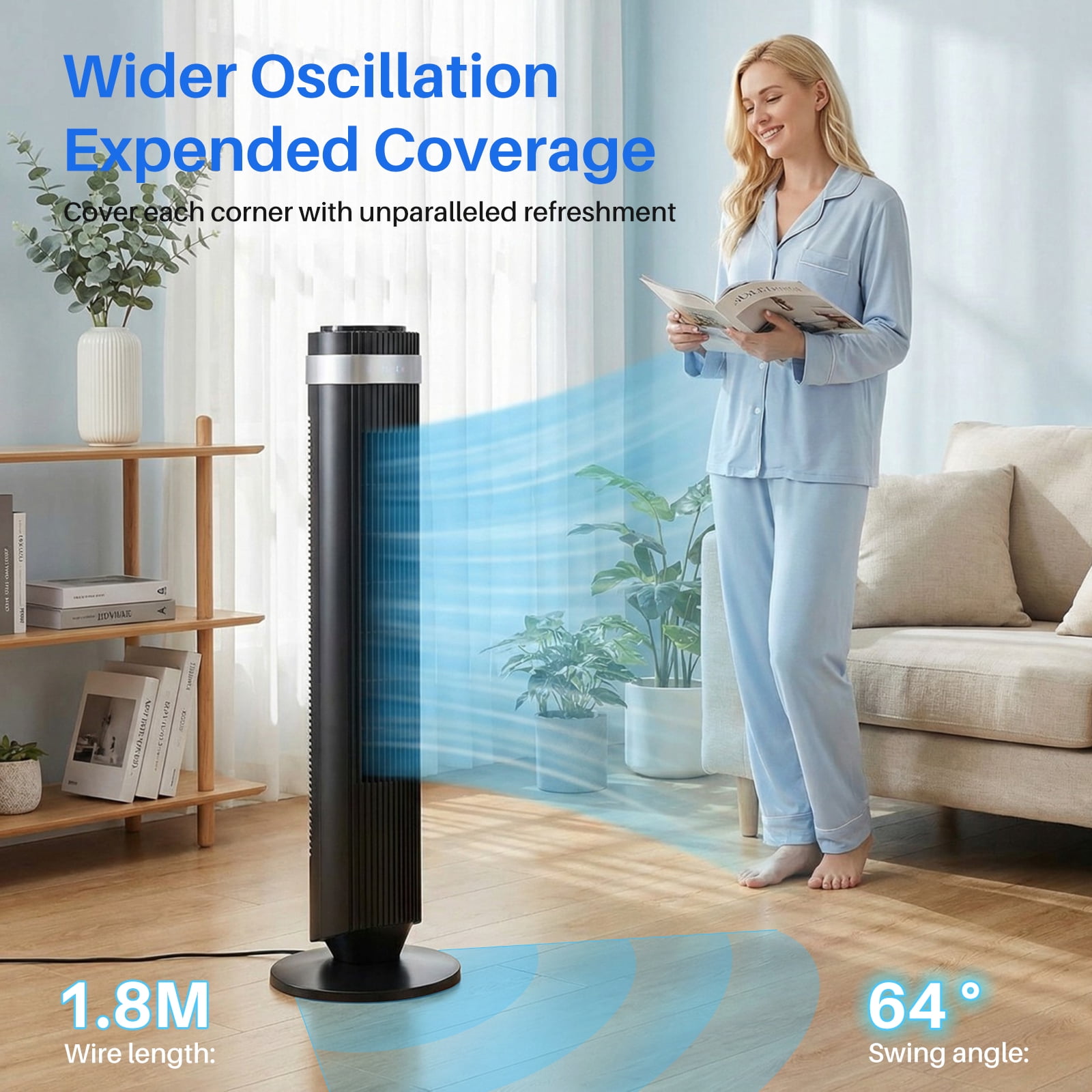 EDX Bladeless Tower Fan for Bedroom, 25ft/s High Velocity 28dB Quiet DC Fan, 5 Speeds 4 Modes, 12H Timer 64°Oscillating, Remote Standing Fan for Home Office Indoor, Black