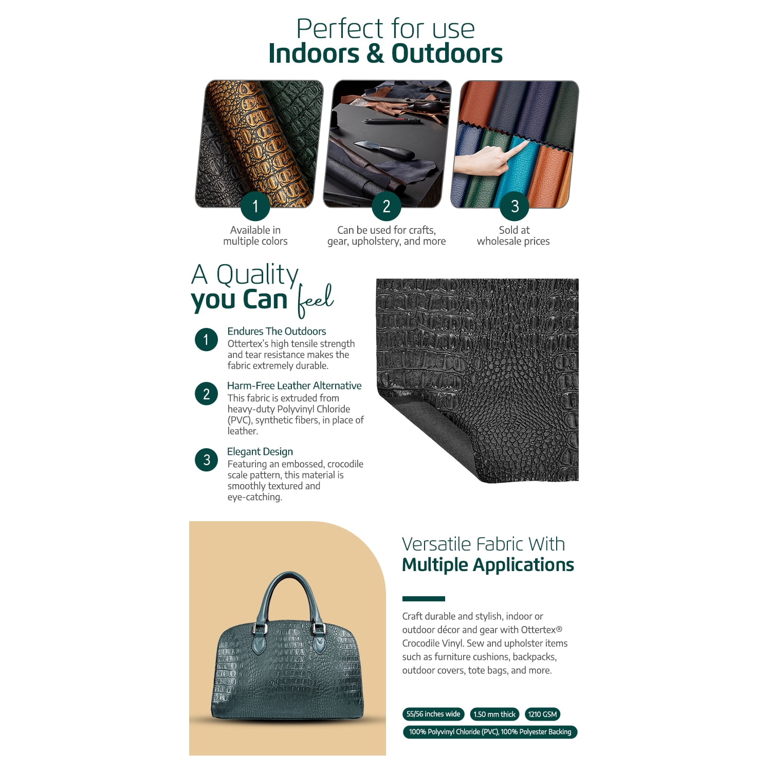 Ottertex® Crocodile Vinyl Leather 56” PVC Polyester Waterproof Fabric By The Yard - Forest Green (5 Yard)