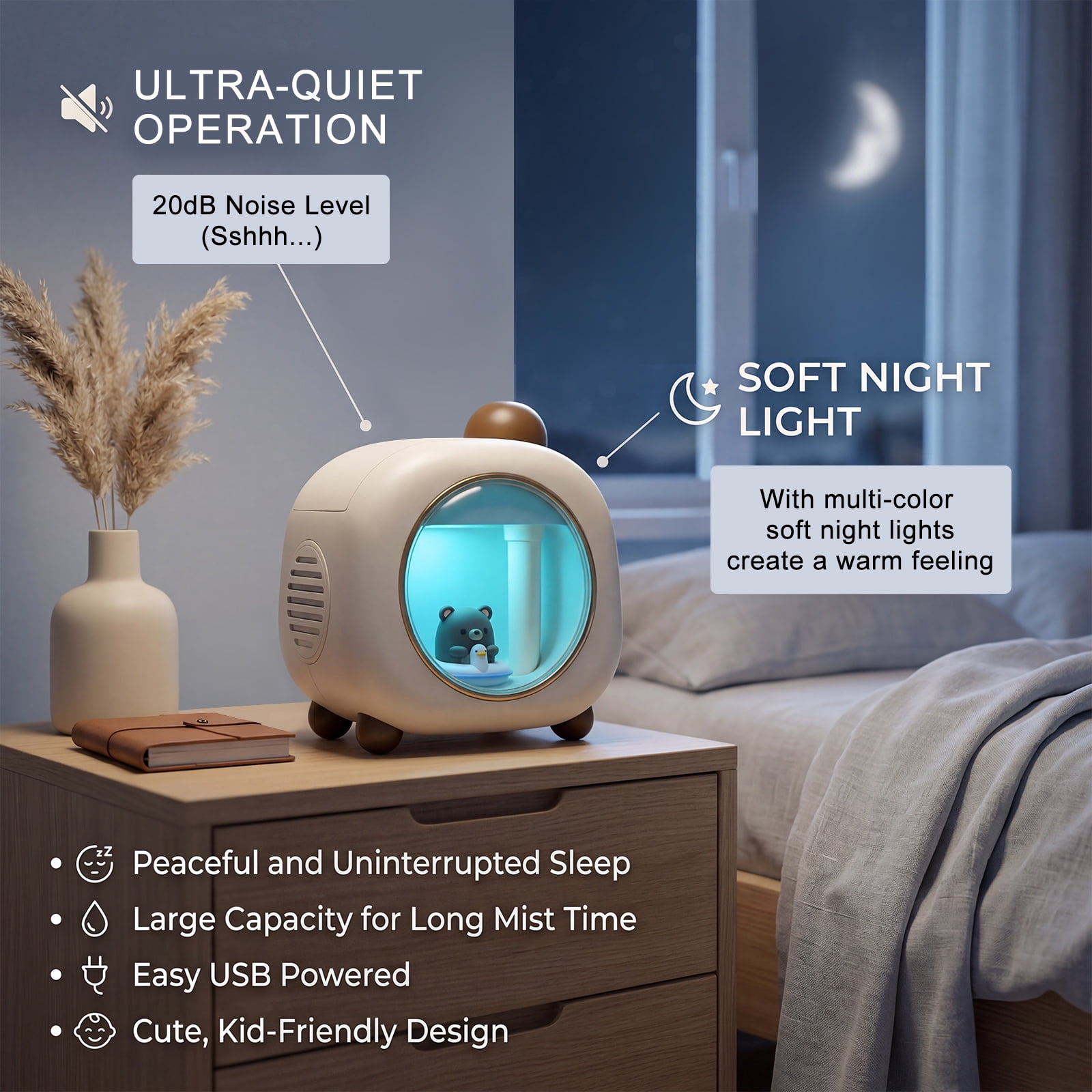 Ikoopy Portable Air Humidifier for Bedroom with Night Light Cartoon Cool Mist Humidifier for Baby with 9H Auto Shut Off 2 Mist Modes for Home Office