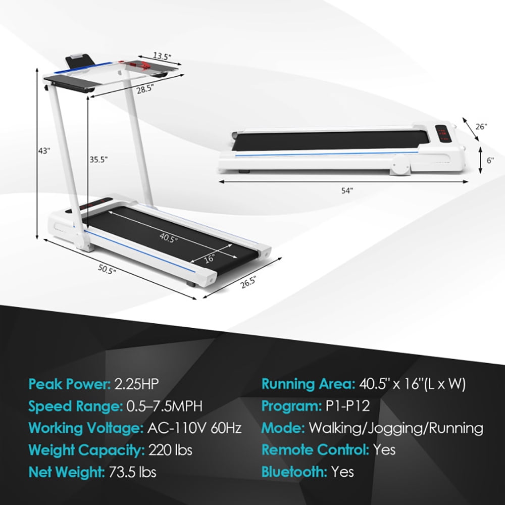 Yardi Yard 3-in-1 Folding Treadmill with Large Desk and LCD Display-White, Treadmill for Walking & Running