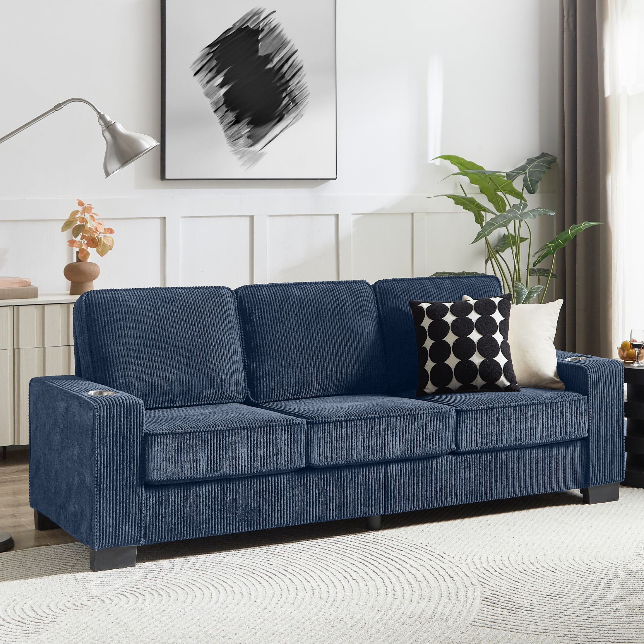 Aukfa 84" Corduroy Sofa with Cup Holders, Modern 3-Seater Fabric Couch for Living Room, Blue