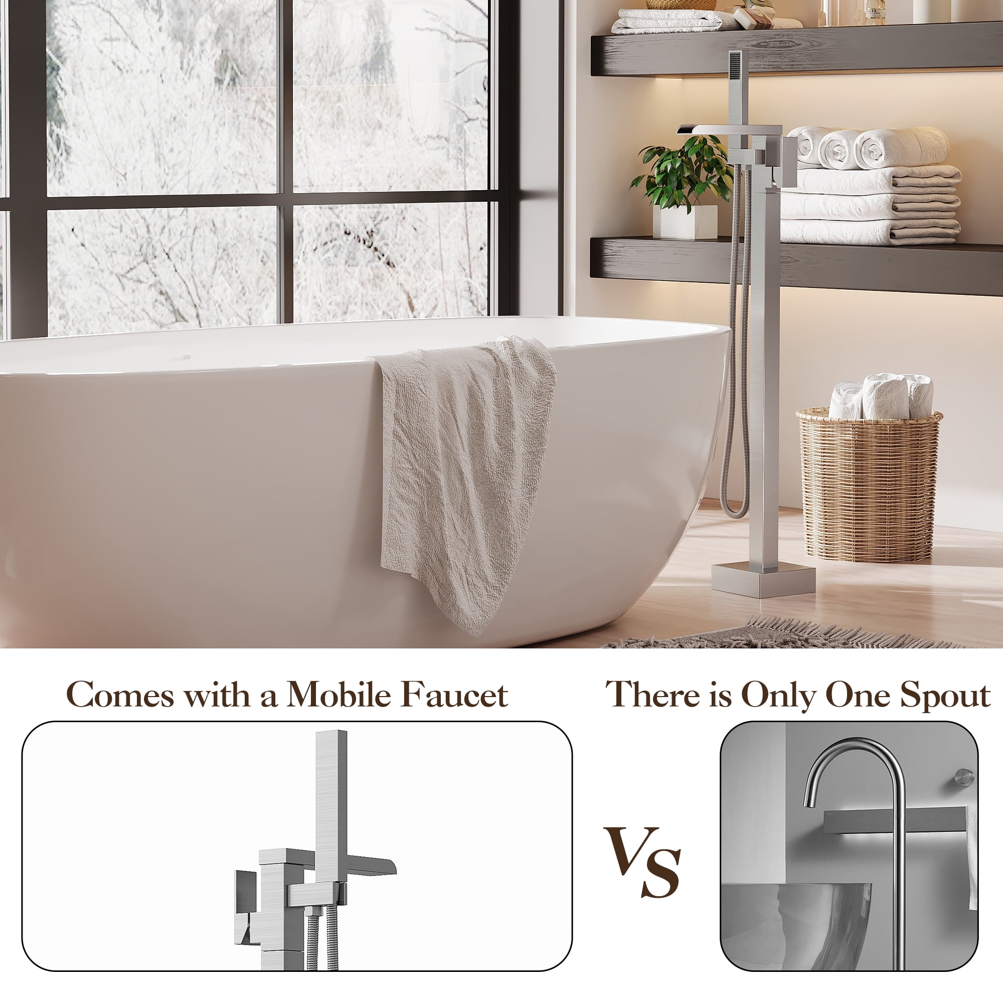 Bathtub Faucet, Floor Mount Bathtub Faucet Freestanding Tub Faucet Standing Bathtub Filler, High-Flow Bath Shower Faucet with Handheld Sprinkler